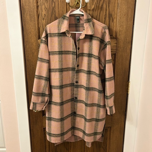 wild fable Jackets & Blazers - Wild Fable Pink Plaid Long Button-Up Jacket Shacket Size Medium NWT
